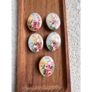 5 Antique Porcelain Buttons Hand Painted Victorian Floral Roses Gold Gilt France